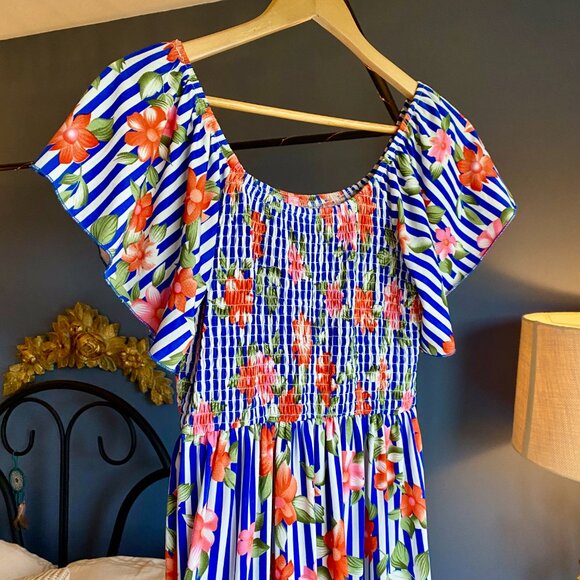 Summer Beachy Blue and White Stripe Floral Dress - Picture 2 of 6